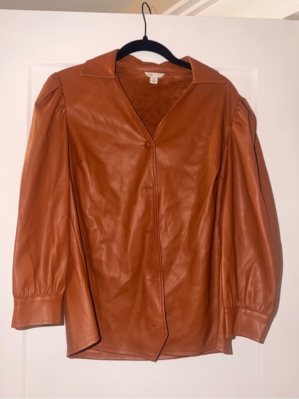 Faux Leather Puff-Sleeve Jacket - Tan